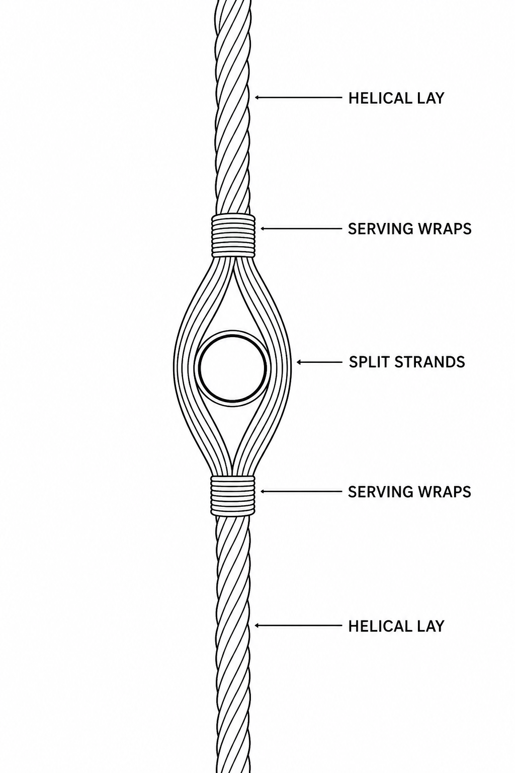 Diagram of a bowstring's helical lay, the peep inserted between split strands, and the serving wraps above and below.