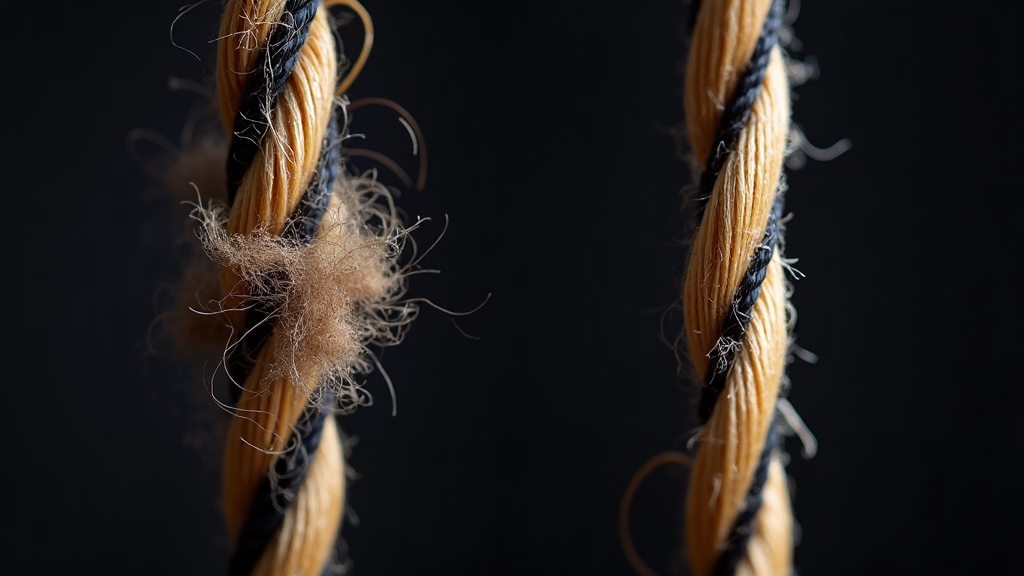 Side-by-side comparison of a worn compound bowstring with fuzzy fraying fibers versus a fresh new string — clean, tight, smooth synthetic fibers